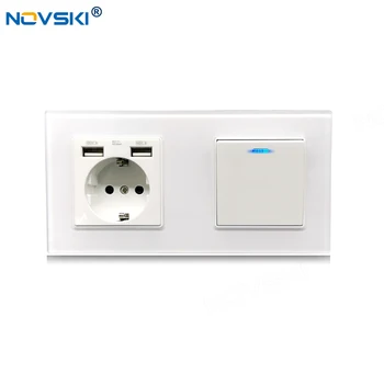 NOVSKI USB-německé Elektrické Zásuvky, 1 Gang Kolébkový Přepínač LED, Hybridní Dual-Frame 16A Zásuvka Spínač 86*172mm Bílá