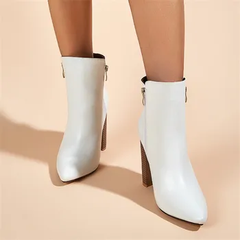 Nová chelsea boty dámské boty PU kůže vysoké podpatky dámské boty špičaté toe tlustý podpatek kotníkové boty podzim zima bílá 42