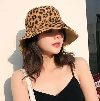 Nová dívka lady ležérní bavlněné reverzibilní nosit kbelík klobouk Ženy Leopard tisk rybář cap velký okraj Diskety čepice gorros