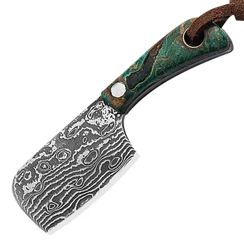 Nové Damašku Mini Kapesní Nůž Zelená Dřevěná Rukojeť S Pevnou Čepelí Nože Přežití Nástroj Lov Vojenské Kožené Pouzdro Dárek