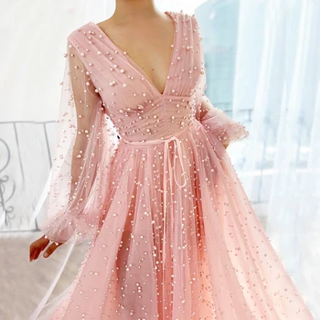 Nové Módní 2020 Dlouhý Rukáv Pink Pearl Plesové Šaty na Zakázku V krku Formální Dlouhé večerní Party Šaty