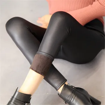 Nové Módní Zimní Teplé Plus Velikosti Ženy Samet Zahustit Vysokou Pružnost Plná Barva Imitace Kožené Kalhoty Dámské Slim Legíny
