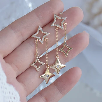 Nové Módní Značky Šperky 14K pravého Zlata Hvězda Stud Náušnice pro Ženy, Dárek, Zářící Zirkon Dlouho Design Duté Náušnice