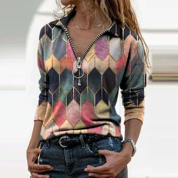 Nové Módní Ženy Košile Design Plus Velikosti Ženy T-shirt V-Neck Dlouhý Rukáv Řetězy Tisk Volné Ležérní Košile Dámské Topy