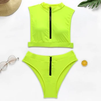 Nové Neon Zelená Vysokým Pasem Bikini 2020 Ženy Plavky Ženy Plavky Dvou Kusů Bikini set na Zip Plavec Sportovní Plavky Plavat