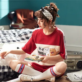 Nové pyžamo ženy letní Korean-krátký rukáv šortky, volné bavlněné dívka roztomilý ležérní domácí služby oblek