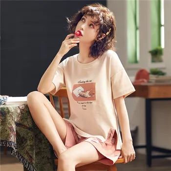 Nové pyžamo ženy letní Korean-krátký rukáv šortky, volné bavlněné dívka roztomilý ležérní domácí služby oblek