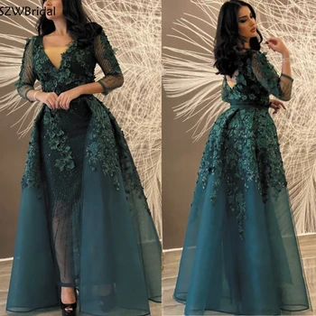 Nové Příjezdu V Krku Dlouhý rukáv večerní šaty 2021 Krajky Nášivky s Korálky Dubaji je arabština večerní šaty Party šaty