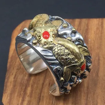 Nové s925 čistého stříbra štěstí Zahalené prsten pro štěstí muž, koi ryby, nastavitelný mužský prsten ručně osobnosti retro etnickém stylu