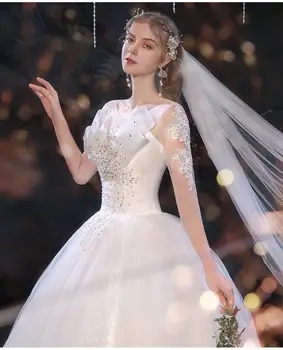 Nové Sladké Luxusní Krajky Nášivka Elegantní Vestido De Noiva 2021 Svatební Šaty O-krk Tři Čtvrtletí Flitry Plus Velikost Svatební Šaty