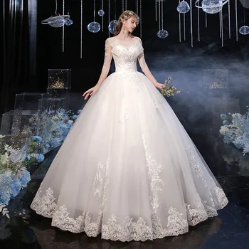 Nové Sladké Luxusní Krajky Nášivka Elegantní Vestido De Noiva 2021 Svatební Šaty O-krk Tři Čtvrtletí Flitry Plus Velikost Svatební Šaty