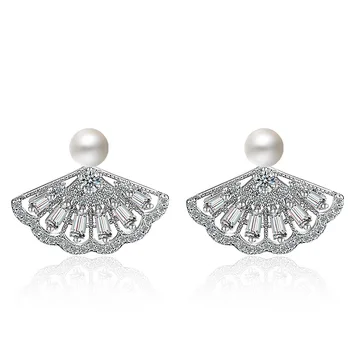 Nové trendy ventilátor ve tvaru lesklé zirkony cz perla 925 sterling silver dámy'stud náušnice šperky pro ženy, žádné slábnout holky