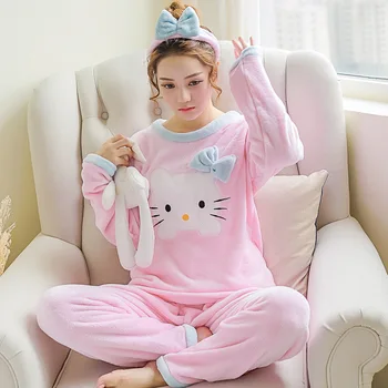 Nové Zimní teplé Flanelové pyžamo korean kawaii karikatura Pyžamo Set Módní pijama mujer Volný čas Doma Látkou pyžamo ženy, oblečení na Spaní