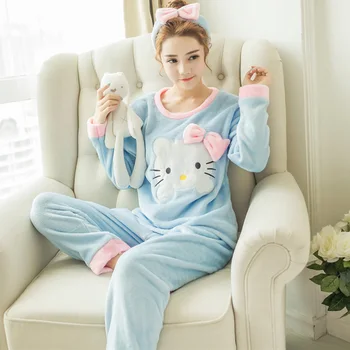 Nové Zimní teplé Flanelové pyžamo korean kawaii karikatura Pyžamo Set Módní pijama mujer Volný čas Doma Látkou pyžamo ženy, oblečení na Spaní