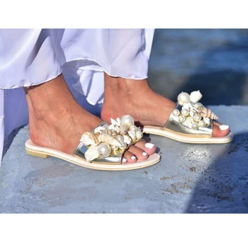 Nové Ženy Módní Letní Pantofle Ploché Dno Ručně Pearl Shell Styl Ženy Sandály Venkovní Beach, Otevřené Prsty Boty Plus Velikost