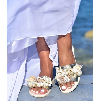 Nové Ženy Módní Letní Pantofle Ploché Dno Ručně Pearl Shell Styl Ženy Sandály Venkovní Beach, Otevřené Prsty Boty Plus Velikost