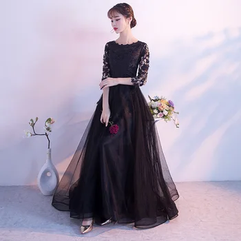 Nový 2020 Dlouho Formální Večerní Šaty Černé Vestidos Krajky Plus Velikost O-Krk Elegantní Módní Ženy Party Šaty