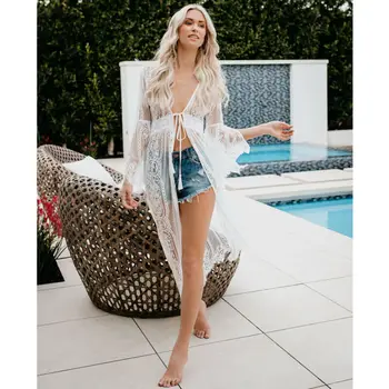 Nový 2020 Horké Léto Nejnovější Bikini Cover-Up Dlouhý Rukáv Kaftan Šaty Sarong Plážové Oblečení Krajky Háčkování