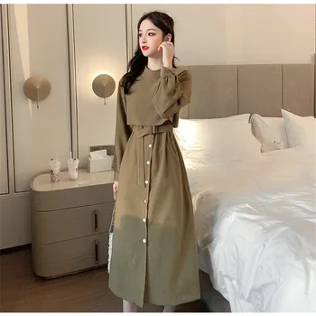 Nový Korejský Módní Páskem Košile Šaty Vestidos Ženy Podzim O Krk Dlouhý Rukáv Tlusté Šaty Plus Velikost Dlouhé Husté Šaty