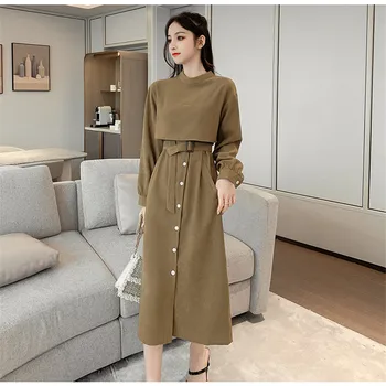 Nový Korejský Módní Páskem Košile Šaty Vestidos Ženy Podzim O Krk Dlouhý Rukáv Tlusté Šaty Plus Velikost Dlouhé Husté Šaty