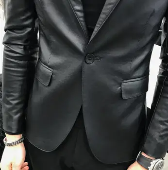 Nový singl spony PU oblek sako módní butik pánské slim retro černá kožená bunda kvalitní pánské banket club kožená bunda