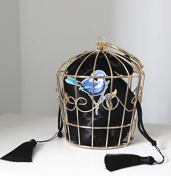 Nový styl osobnosti ptačí klec kovová modelování výšivky satén bag strany dámská kabelka tote módní kabelka 3 barvy