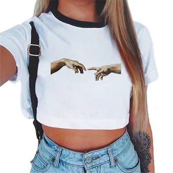 Nový Tumblr Oříznout Horní T Košile Vtipné Michelangelo T-shirt Ženy Estetické Umění Harajuku Crop Tričko Topy Ležérní Módní Grafické Tees