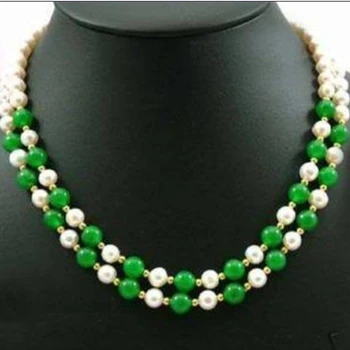 Nádherné 2 řady přírodní bílá kultivované pearl zelený chalcedon potvor kulaté korálky náhrdelník pro ženy, elegantní šperky 17-18