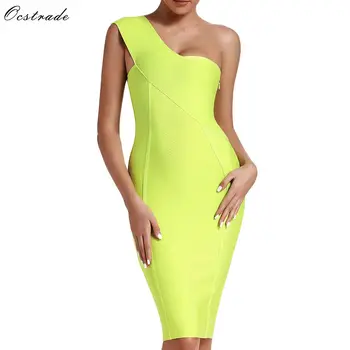 Ocstrade Celebrity Obvaz Šaty Nové Příjezdu 2020 Letní Žen Neon Green Obvaz Bodycon Šaty One Rameno Večerní Party Šaty
