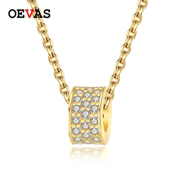 OEVAS Real 925 Sterling Silver Přívěsek Náhrdelník Pro Ženy, Kvalitní Zlaté Barvy Jiskření Zirkon Elegantní Kruh Party Šperky