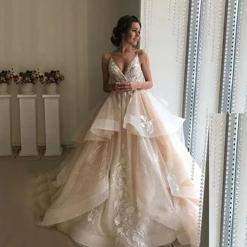 Ohromující Vintage Ples Šaty svatební Svatební Šaty Organza Pošity Propad V Neckling Svatební Šaty pro Nevěstu bez Rukávů 2021