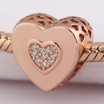 Originální Růžové Zlato Prolamované Zářící Láska Srdce S Crystal Korálky Fit 925 Sterling Silver Náramek DIY Šperky