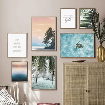 Palmový List Turtle Beach Krajina Citace Nordic Plakáty A Tisky Wall Art Malířské Plátno Nástěnné Obrázky Pro Obývací Pokoj Dekor