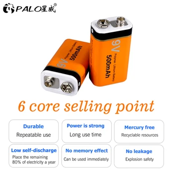 PALO 9v nabíjecí baterie 500MAH Lithium nabíjecí baterie 9v 6f22 baterie dobíjecí pro Mrophone 9v Baterie