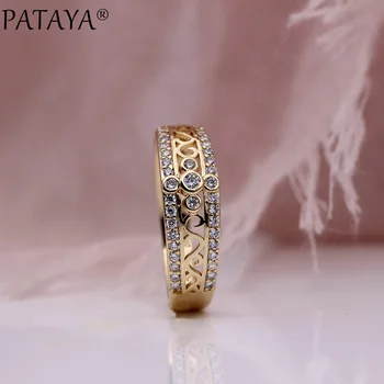 PATAYA Nové Ženy Prsteny 585 Rose Gold Micro Vosk, Intarzie Bílé Kulaté Přírodní Zirkon Jemné Módní Šperky Luxusní Svatební Duté Kroužky