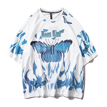 Plamen butterfly Tištěné T Košile Oversized Trička 2020 Letní Unisex Krátký Rukáv Volné Bavlna Pár Topy tees