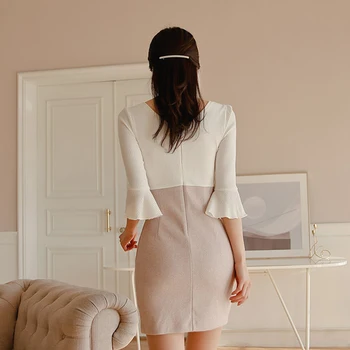 Pletené Šaty z jednoho kusu Šaty Dámské korea zimě vysoký bederní pás double-breasted Office Mini Party Šaty pro ženy