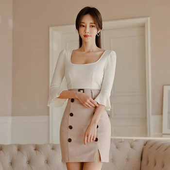 Pletené Šaty z jednoho kusu Šaty Dámské korea zimě vysoký bederní pás double-breasted Office Mini Party Šaty pro ženy