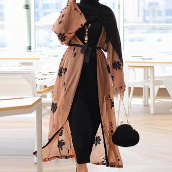 Plus Velikost Dlouhé Kimono Mujer 2020 Šifon Abaya Muslimské Ženy Výšivky Šifon Mesh Svetr Halenka Roupas Feminina Oblečení