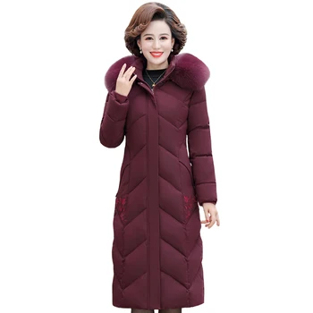 Plus Velikost Zimní Oblečení Ženy 2020 X-Dlouhý Kožešinový Límec Zimní Kabát Ženy Elegantní Výšivka Bavlna Dolů Jackte Žena Parka S Kapucí