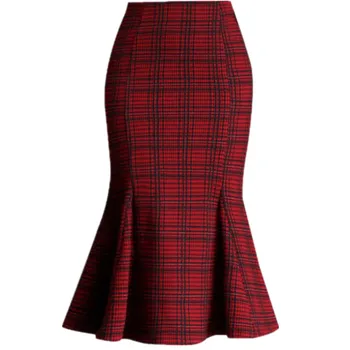 Plus velikosti 4XL!vintage kostkované vlněné mořská panna sukně ženy 2020 podzim zima vysoký pas balení hip office lady sukně trubka