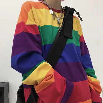 Plus Velikosti Kauzální Bavlněné Tričko Ženy Pruhované T-shirt Rainbow Tričko Ženy Harajuku Volný Top Košile Punk Styl Horní Lgbt Oblečení