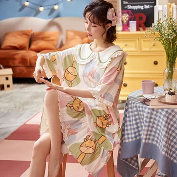 Plus Velikosti M-4XL 2021 Letní Dámské Krátké Bavlněné oblečení na Spaní Domů Košili Ženy Kauzální Pyžama Dámské noční Košile Ženy Oblékat