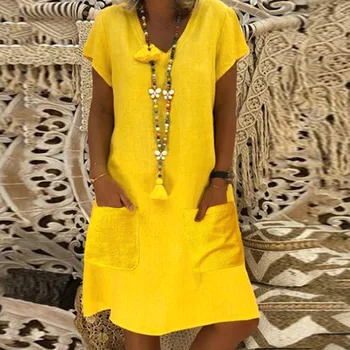 Pluse Velikost Šaty 2019 Letní Ležérní Volné Bavlněné Žluté Šaty Ženy Kapsy V-Neck Krátký Rukáv Midi Šaty Vestidos