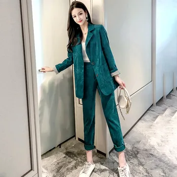 Podzim Zimní Sako Kalhoty Suit Ženy Korejské Elegantní Módní Office Dámy Zelené Manšestrové Ležérní Vysokým Pasem Malé Nohy Kalhoty Oblek