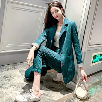 Podzim Zimní Sako Kalhoty Suit Ženy Korejské Elegantní Módní Office Dámy Zelené Manšestrové Ležérní Vysokým Pasem Malé Nohy Kalhoty Oblek