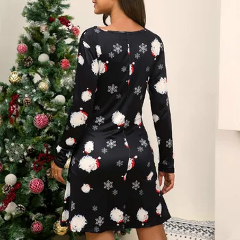 Podzim Zimní Vánoční Šaty Ženy Nový Vintage Sníh Jelen Tisk Slim Červené Šaty Příležitostné O Krk Dlouhý Rukáv Party Šaty Plus Velikost