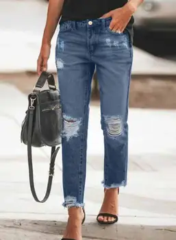 Podzimní a zimní nové ženy módní ležérní slim fit univerzální vysokým pasem perforované surový okraj prát Capris elastické džíny