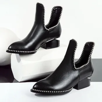 Podzimní osobní tlusté podpatky dámské boty černá hovězí kůže špičaté hluboké ústa styl 4041 velikosti jediné boty