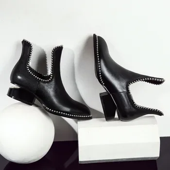 Podzimní osobní tlusté podpatky dámské boty černá hovězí kůže špičaté hluboké ústa styl 4041 velikosti jediné boty